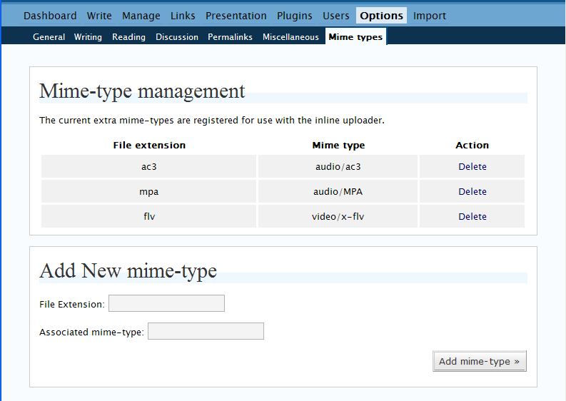 screenshot of the plugins options page