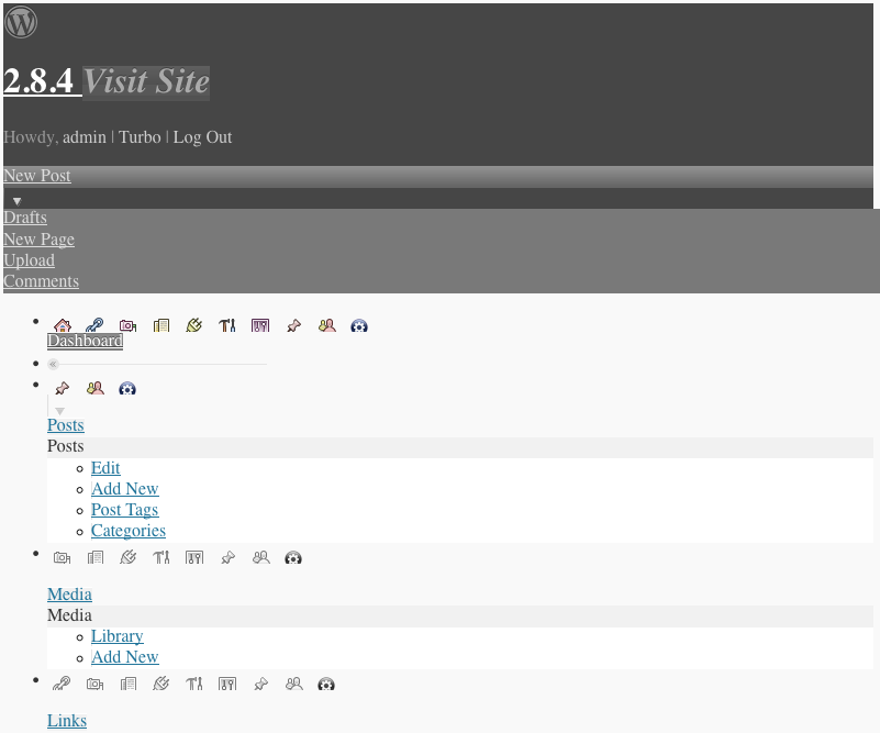 WordPress 2.8.4 dashboard without all the styling